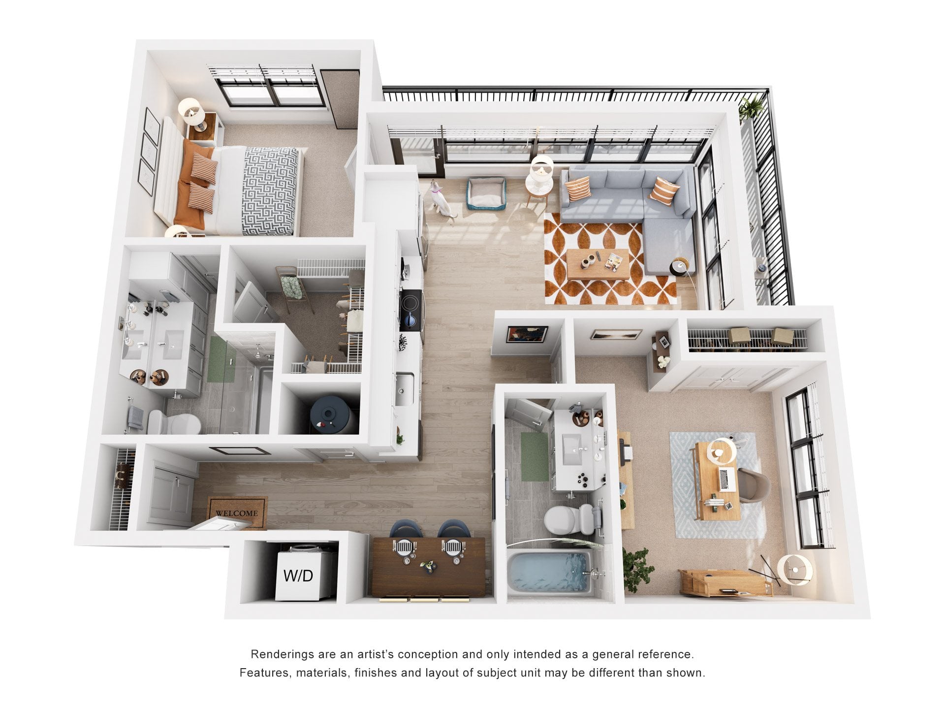 Floor plan for 2 beds, 2 baths, 1045 sqft